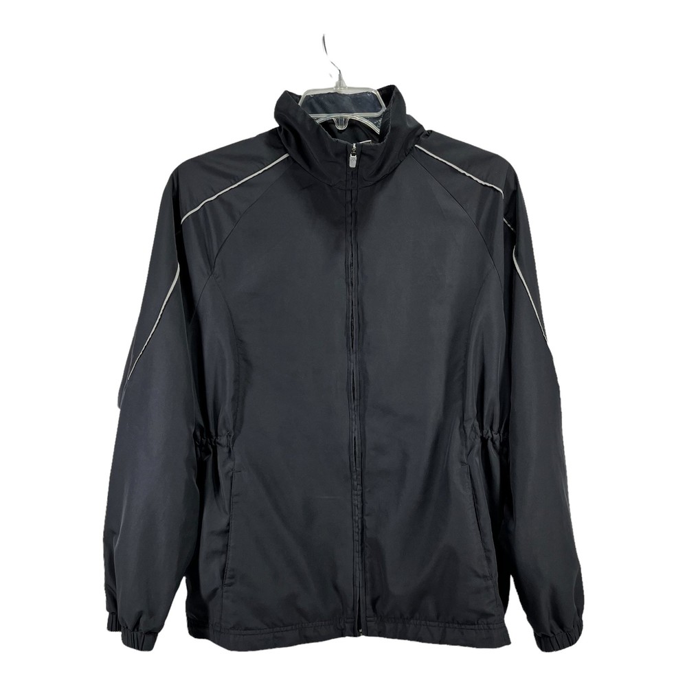 Adidas Womens Jacket 1X Black Full Zip Mesh Lined Windbreaker Gathered Waist Run